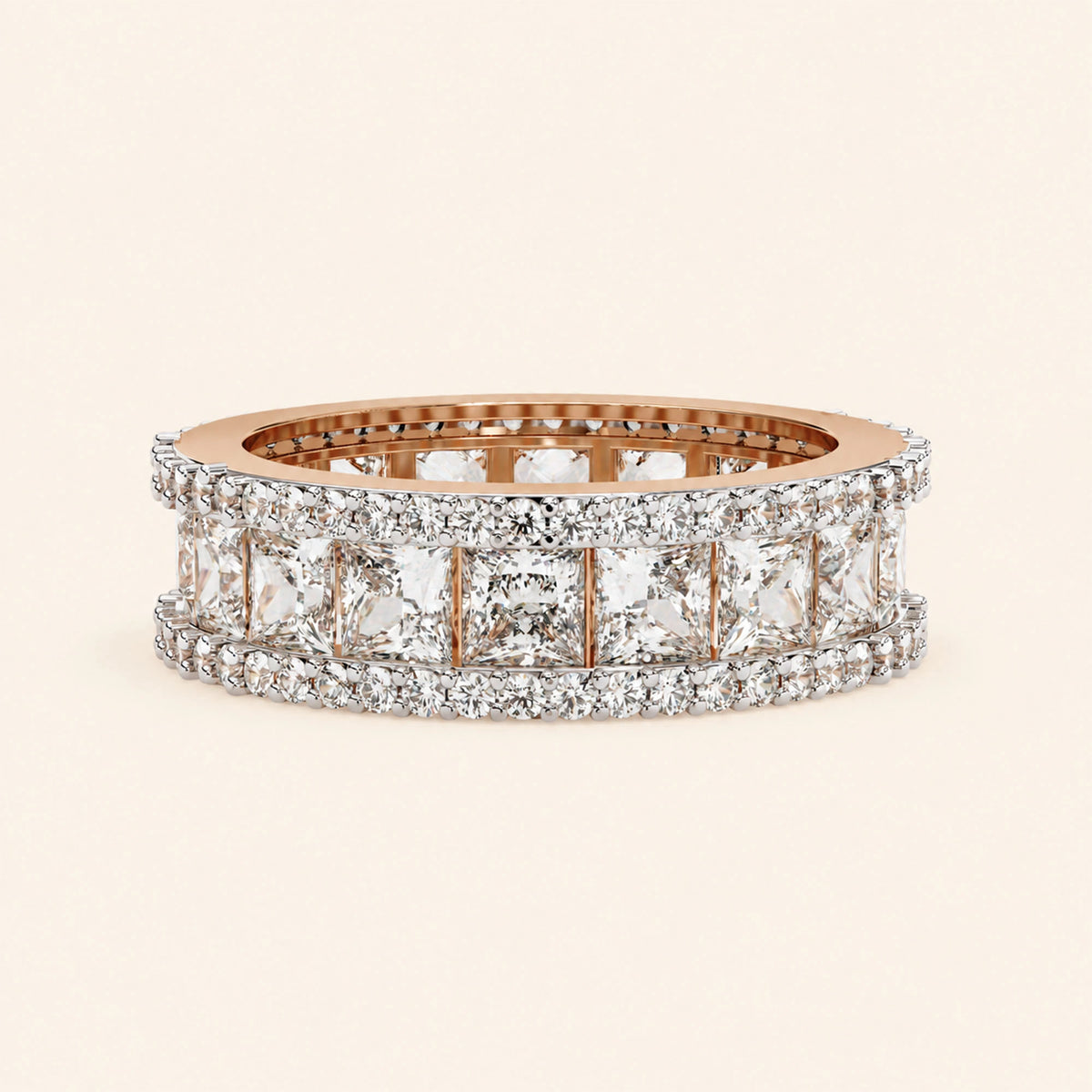 Front view of princess and round cut wedding band