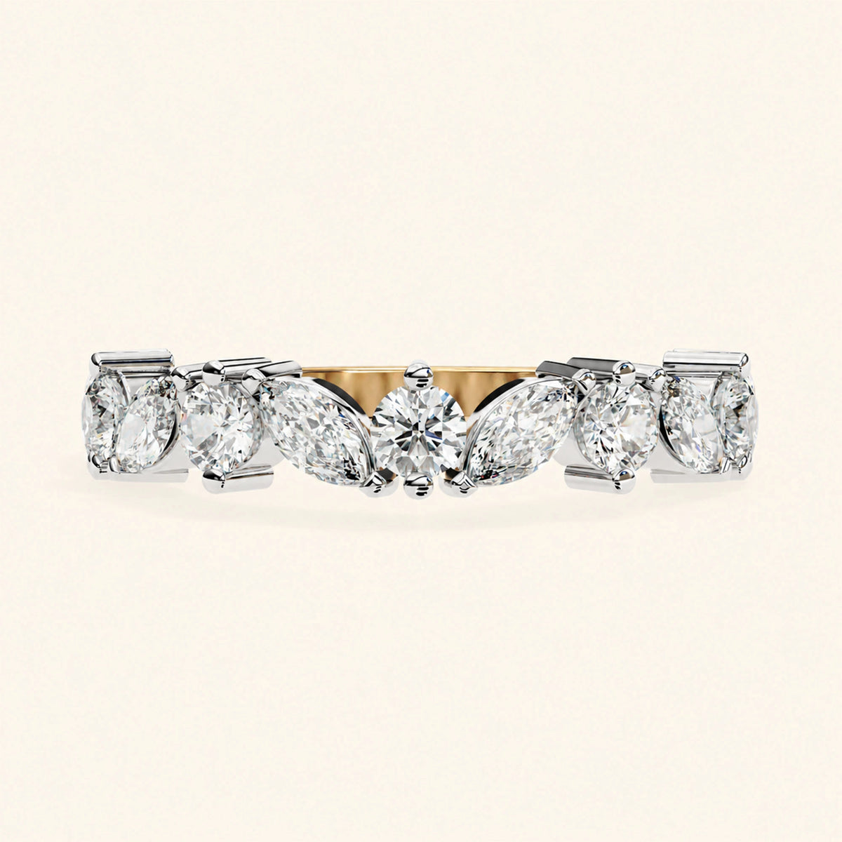 Front view of marquise and round wedding band