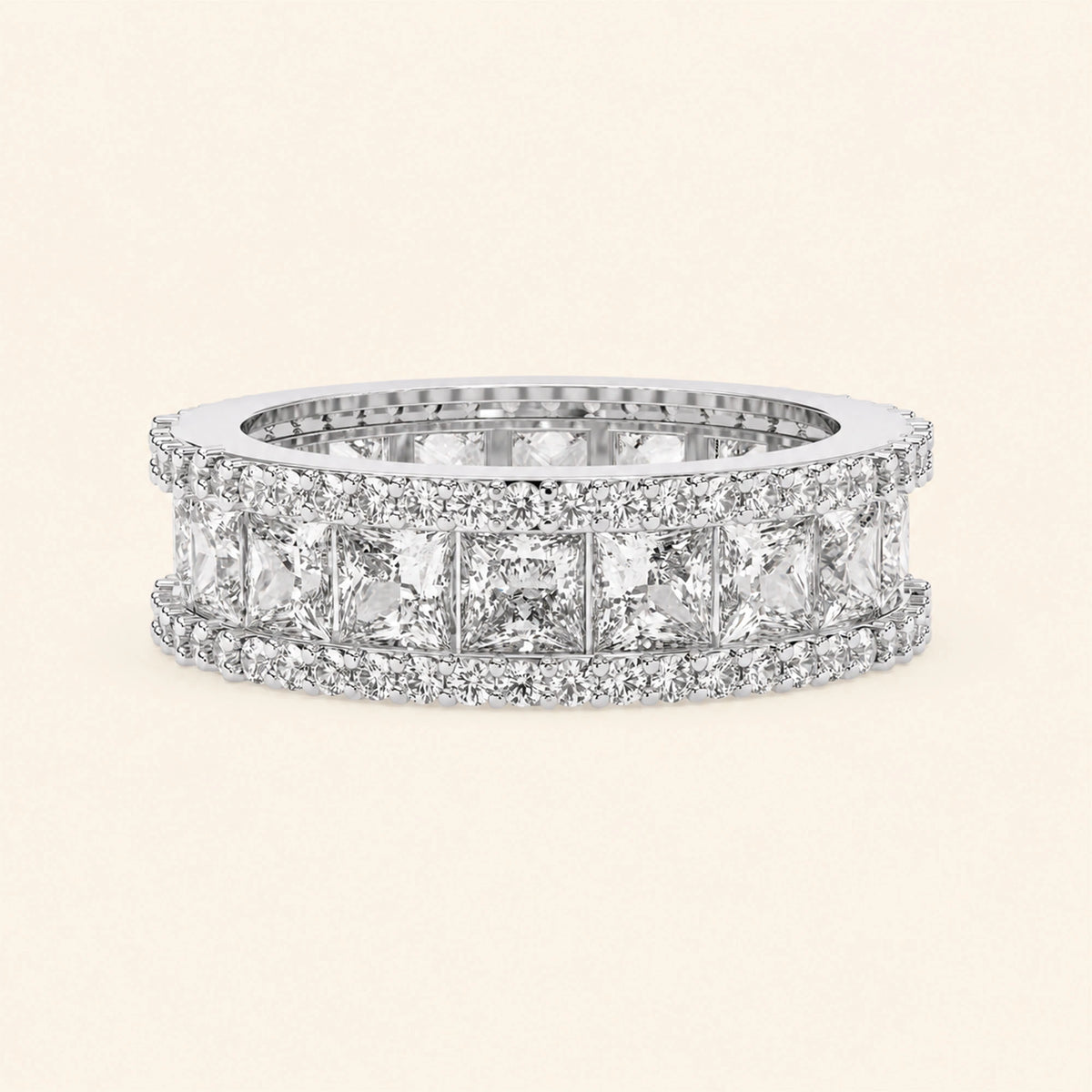 Front view of princess and round cut wedding band