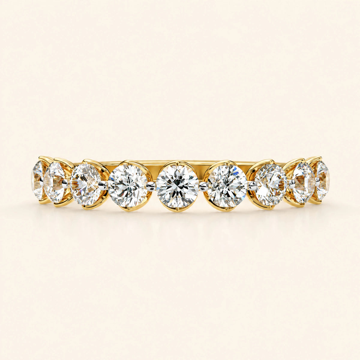 Front view of round cut half eternity wedding band