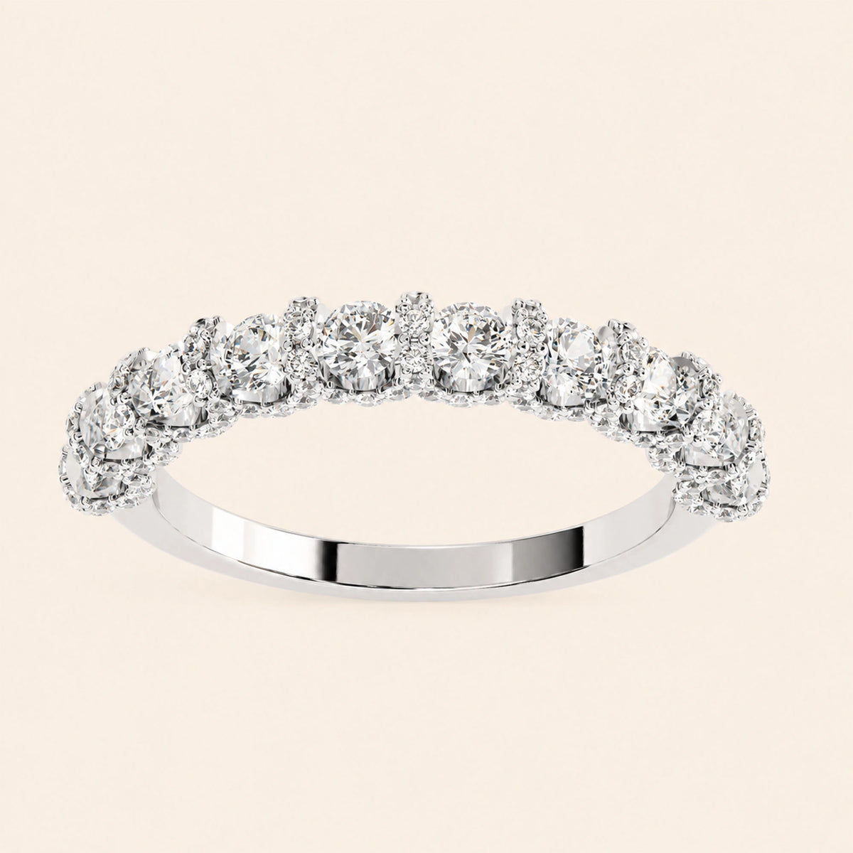 Angle view of round shape half eternity wedding band