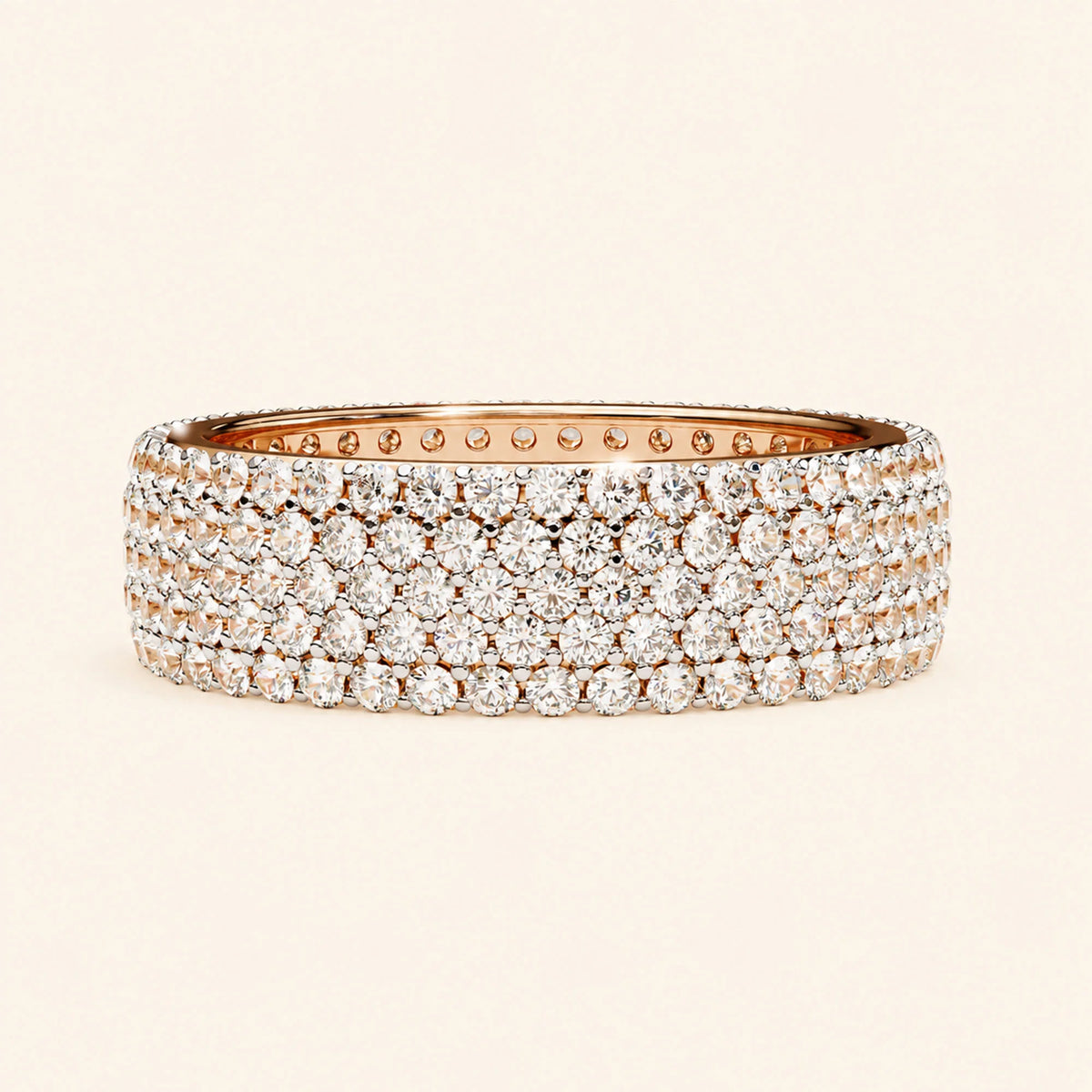 Front view of round cut 5 row wedding band