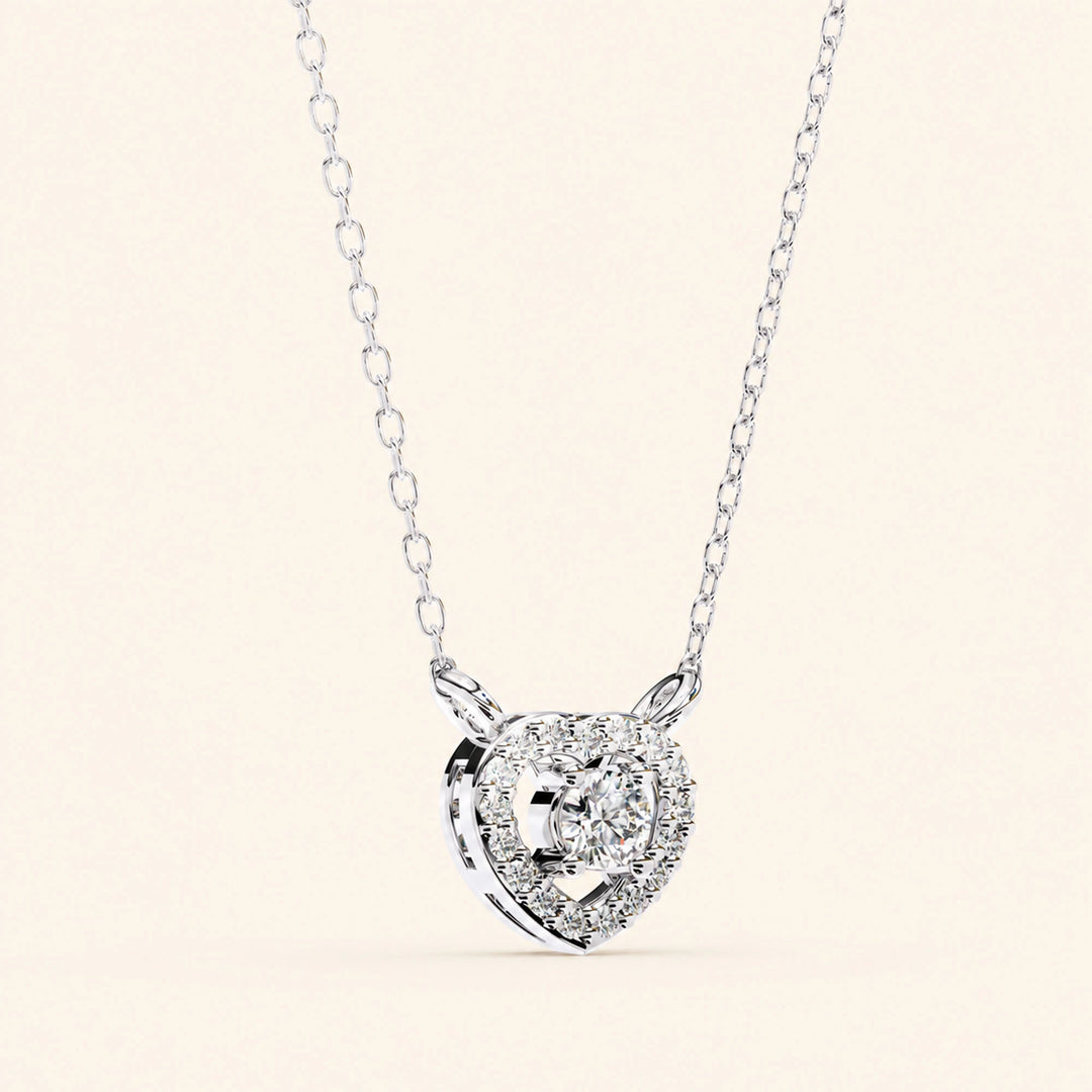 Side Angle View Of Round Heart Halo Necklace