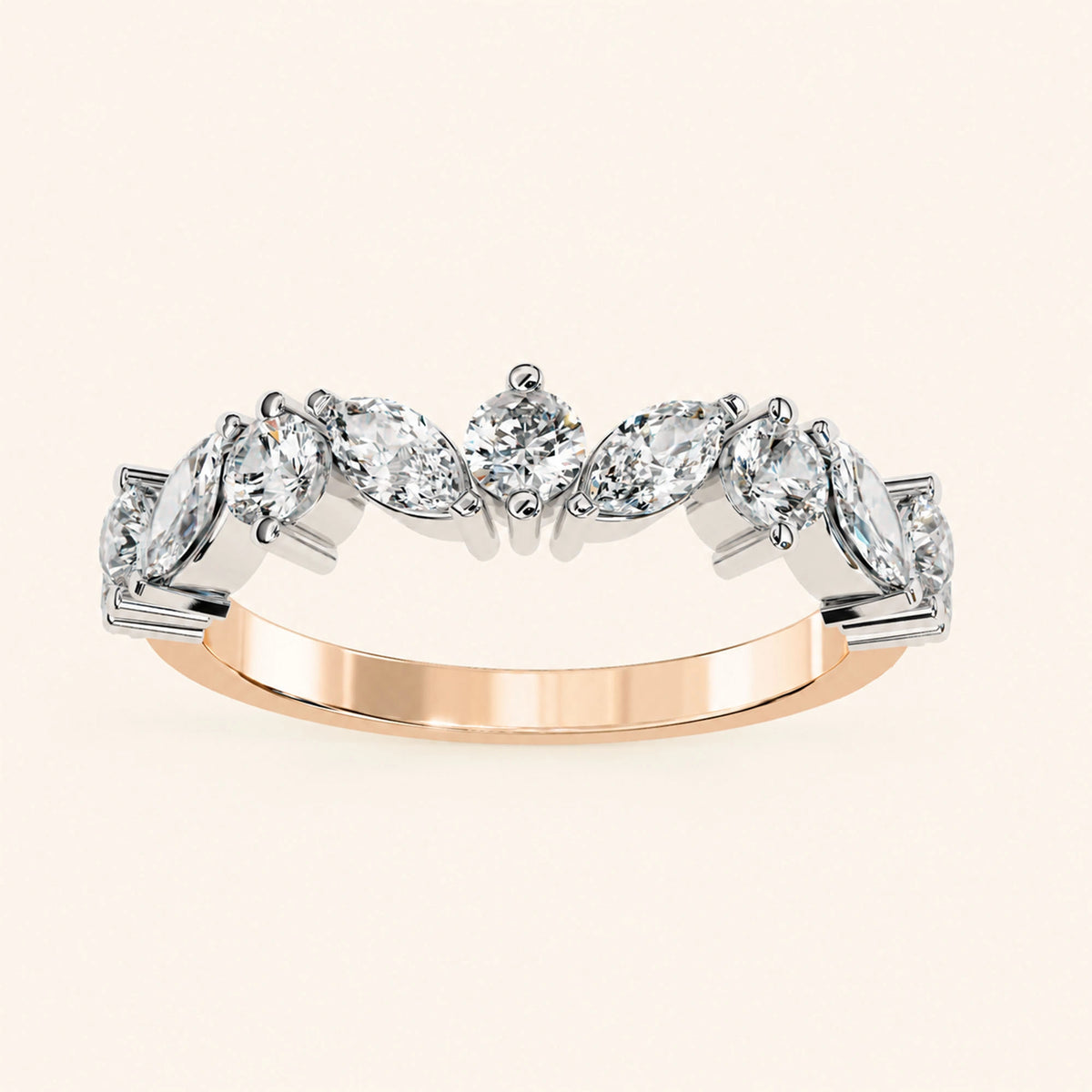 Angle view of marquise and round wedding band