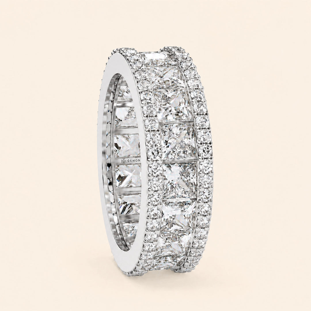 Side View Of Princess And Round Cut Wedding Band