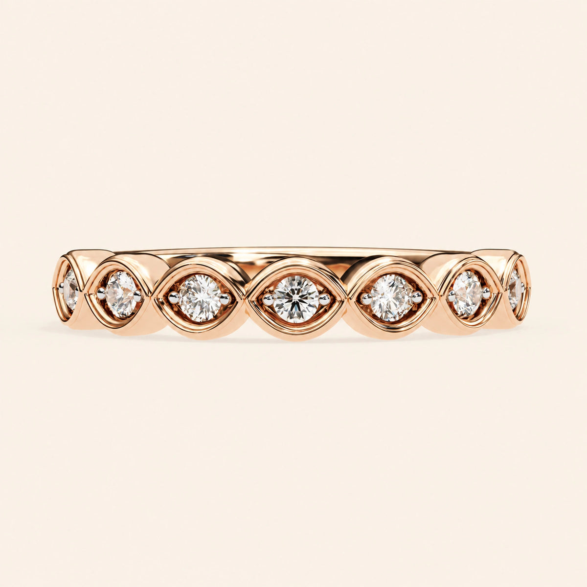 Front view of round shape 7 stone wedding bands