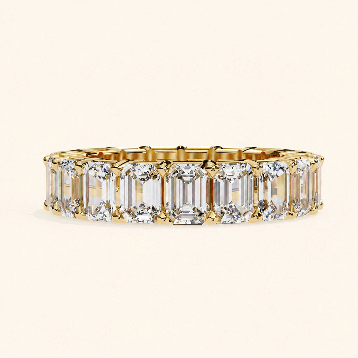 Front view of emerald eternity wedding band