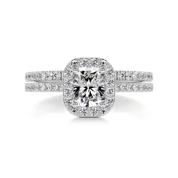 2.50 Carat Radiant Shape Halo Moissanite Bridal Set Ring in Yellow Gold