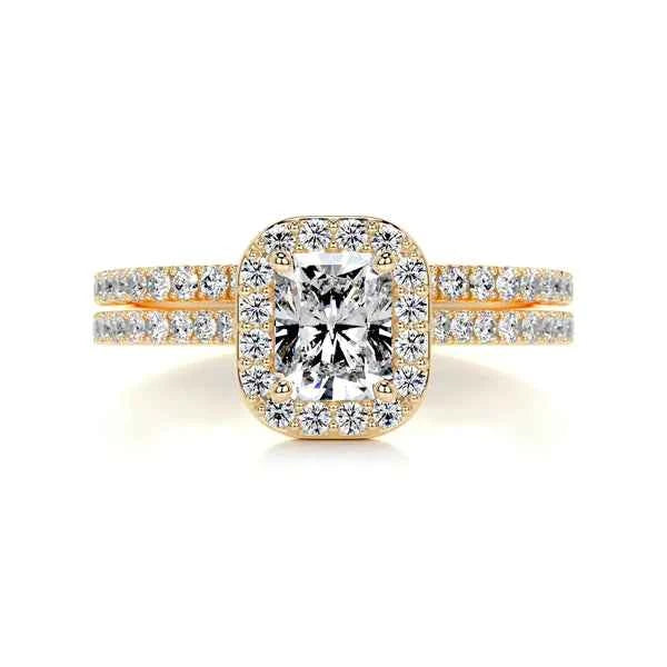 2.50 Carat Radiant Shape Halo Moissanite Bridal Set Ring in Yellow Gold