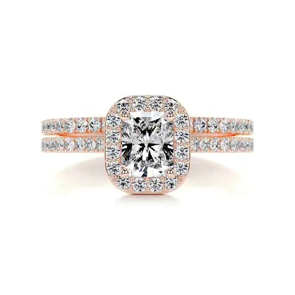 2.50 Carat Radiant Shape Halo Moissanite Bridal Set Ring in Yellow Gold