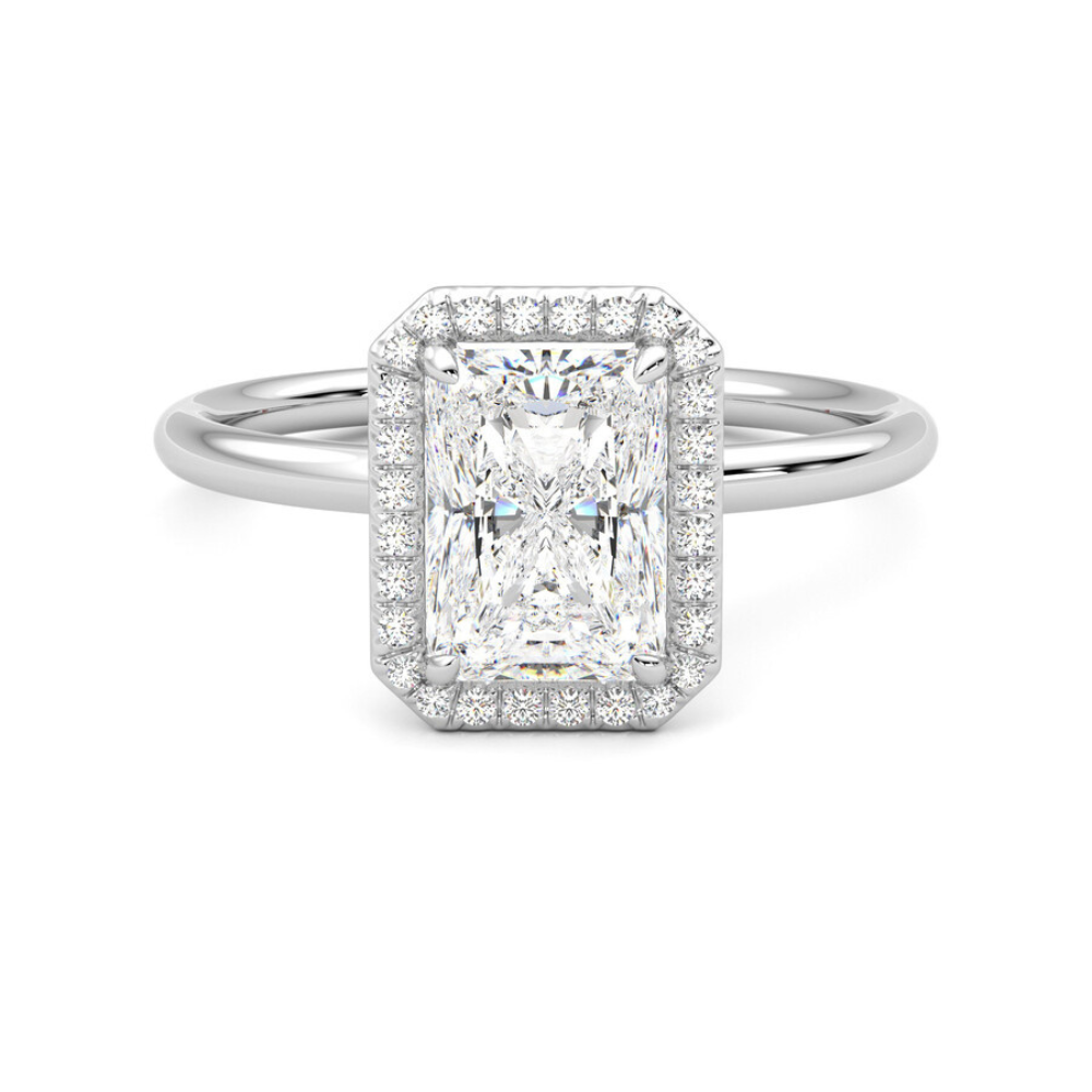 2 ct radiant cut halo moissanite ring in white gold