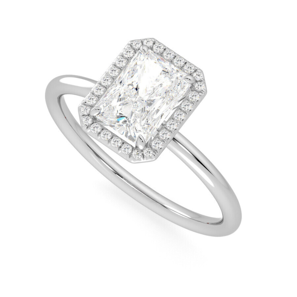 2 ct radiant cut halo moissanite ring in white gold