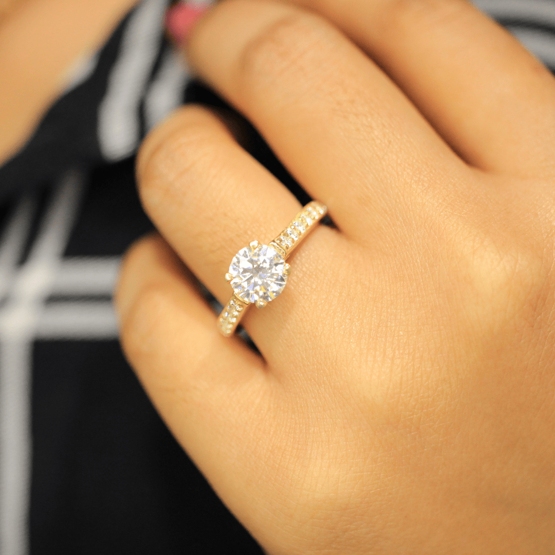 1.50 Ct Round Cut Moissanite Ring With Accent in Yellow Gold