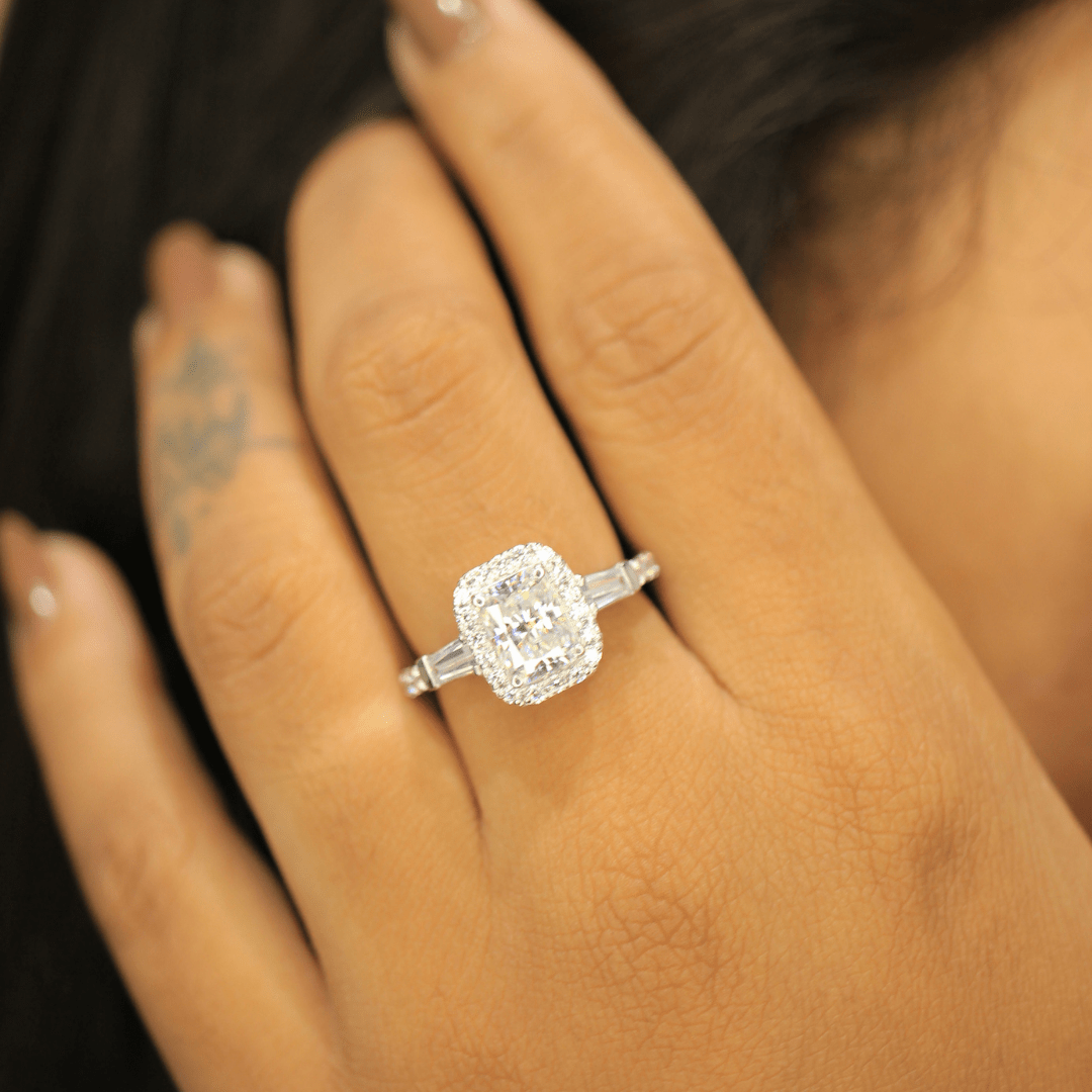 2.50 Ct Radiant And Baguette Cut Halo Moissanite Ring