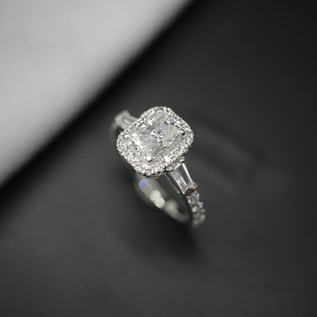 2.50 Ct Radiant And Baguette Cut Halo Moissanite Ring