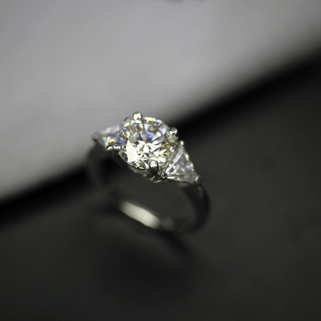 3 Carat Round And Trillion Cut Moissanite Three Stone Ring