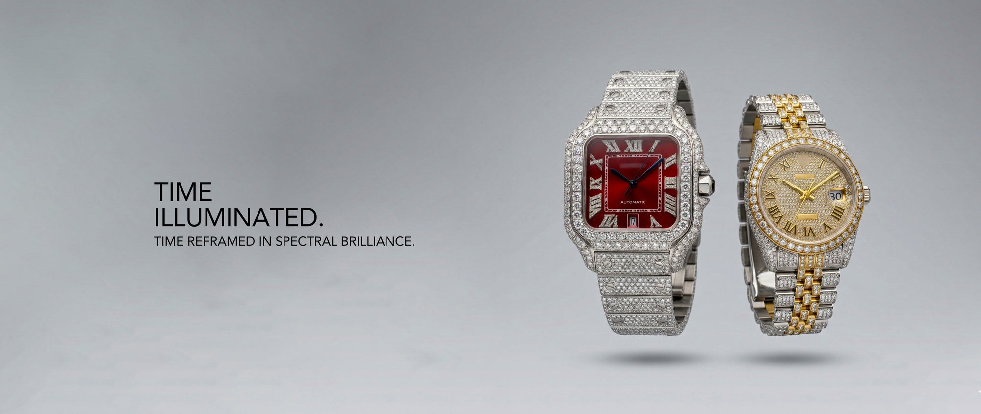 Two elegant watches on a gray background with text 'Time Illuminated'.