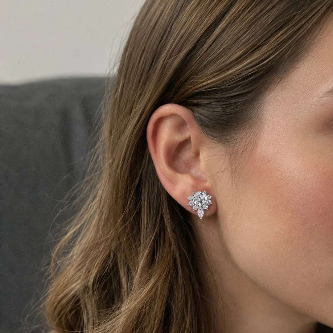 Stud Earrings Floral Cluster With Drop Design
