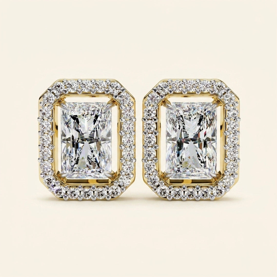 Radiant Cut Stud Earrings With Halo Design
