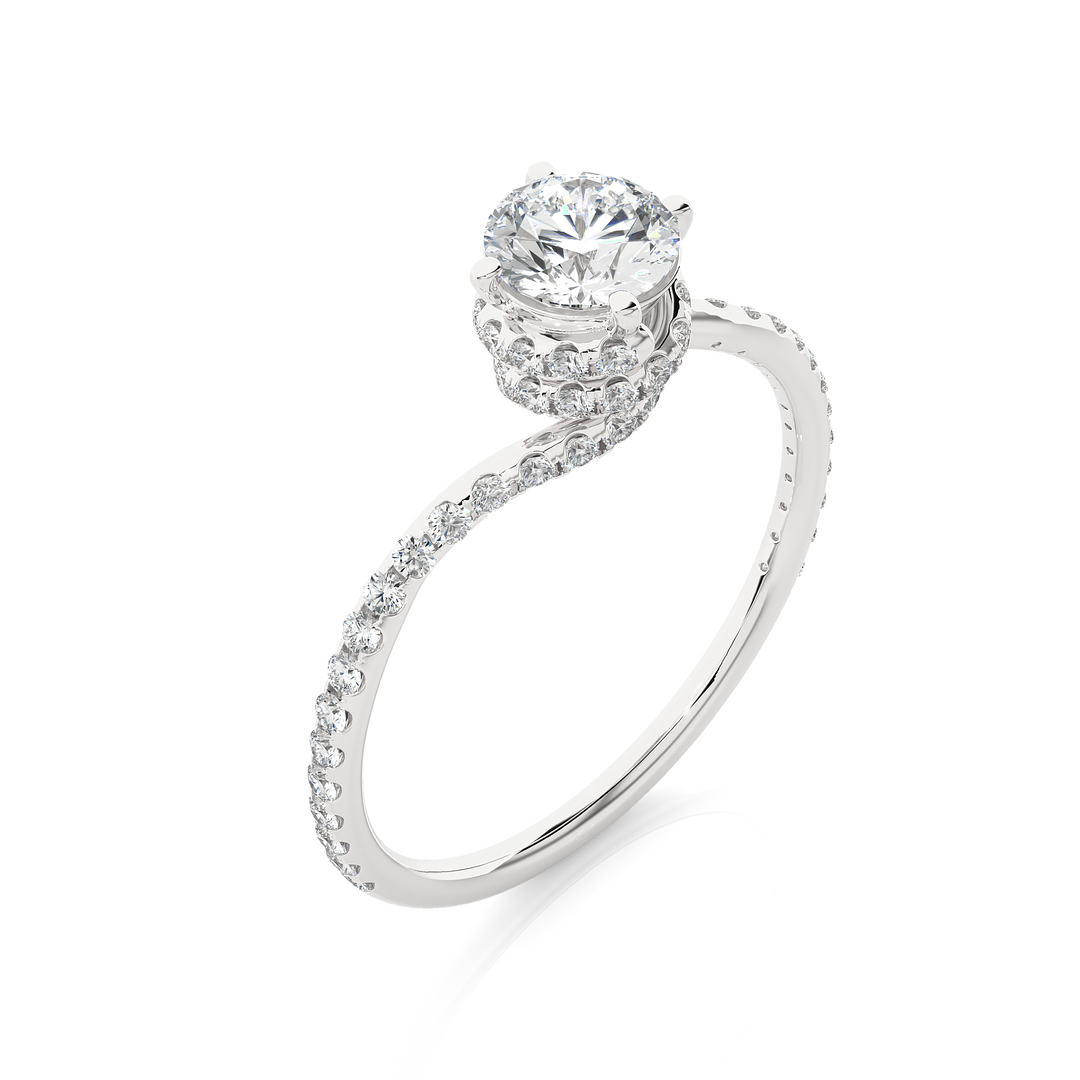 Angled view of 1.30 Carat Double Halo Twisted Moissanite Ring In White Gold, showcasing the band and setting.​