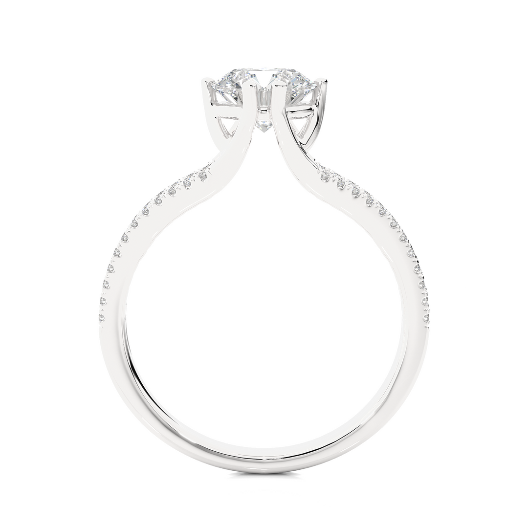 Side profile of 1.40 Ct Round Cut Moissanite Split Shank Engagement Ring In White Gold, highlighting the prong setting.