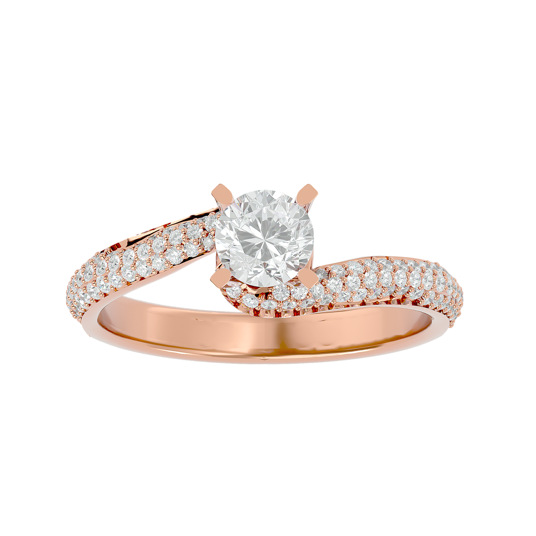 Front view of 1.50 Carat Bypass Three Row Round Moissanite Ring In Rose Gold, highlighting the brilliant center moissanite stone.