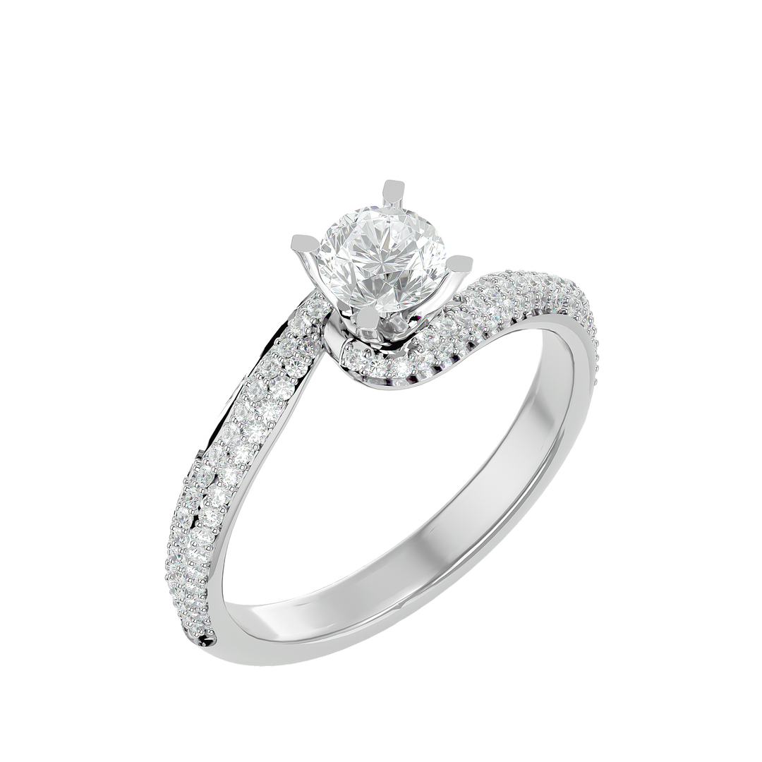 Angled view of 1.50 Carat Bypass Three Row Round Moissanite Ring In Silver, showcasing the band and setting.​
