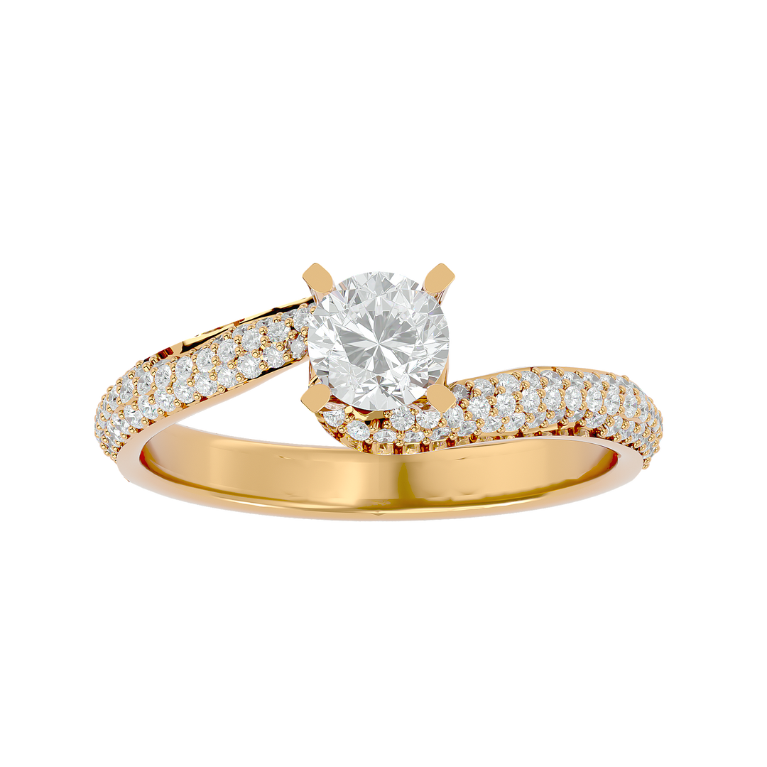 Front view of 1.50 Carat Bypass Three Row Round Moissanite Ring In Yellow Gold, highlighting the brilliant center moissanite stone.