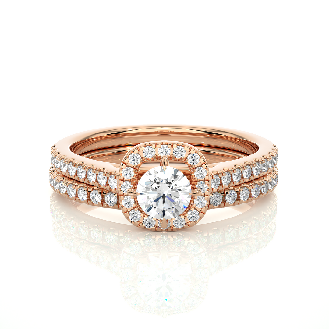 Front view of 1.50 Carat Halo Moissanite Bridal Set With Accents in Rose Gold, highlighting the brilliant center Moissanite stone.