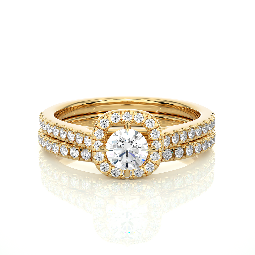 Front view of 1.50 Carat Halo Moissanite Bridal Set With Accents in Yellow Gold, highlighting the brilliant center Moissanite stone.