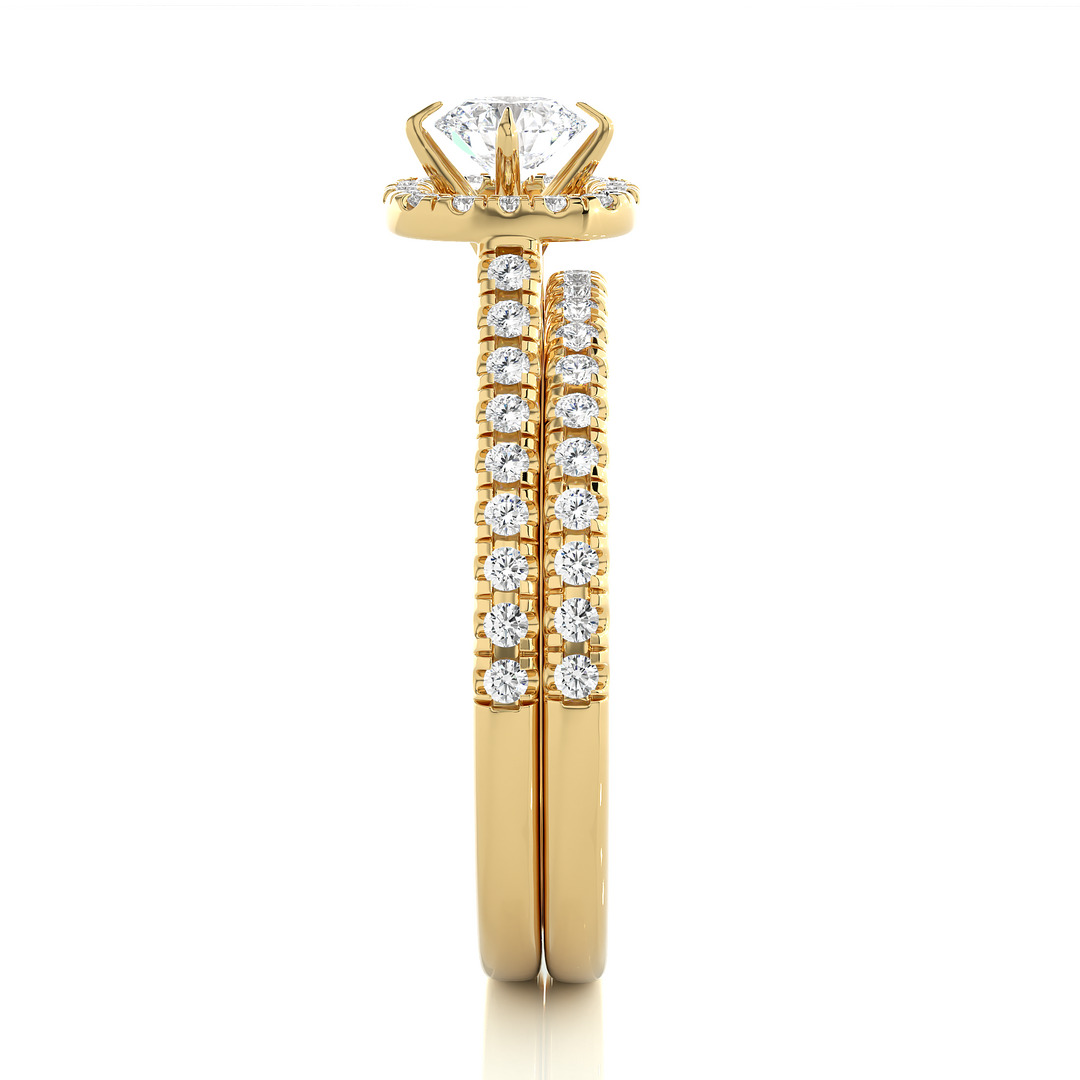 1.50 Carat Halo Moissanite Bridal Set With Accents in Yellow Gold