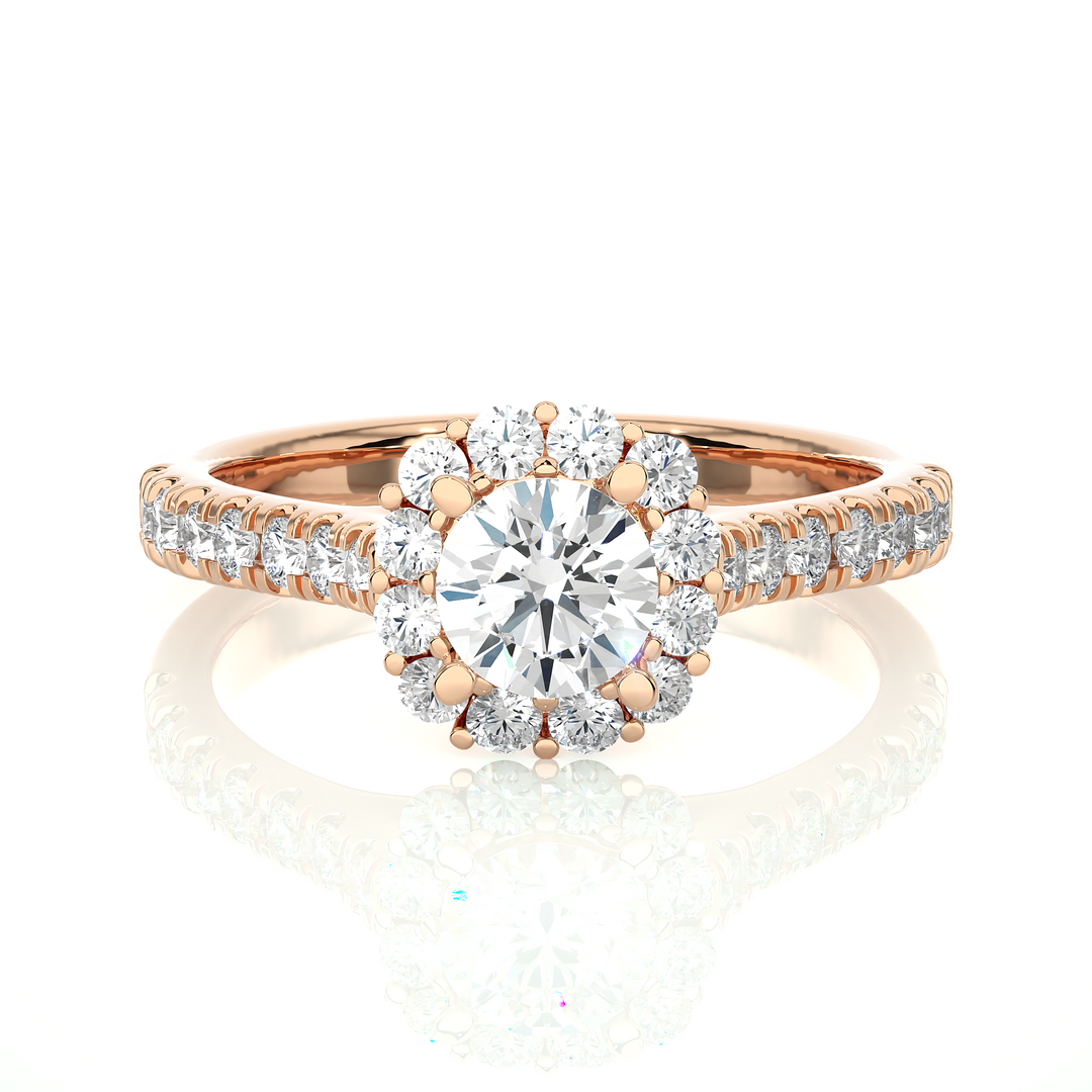 Front view of 1.50 Carat Round Moissanite Halo Engagement Ring In Rose Gold, highlighting the brilliant center Moissanite stone.
