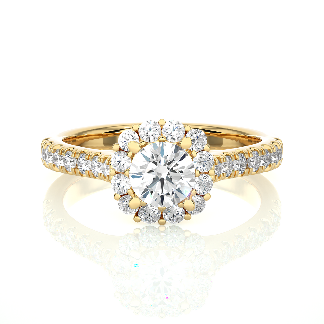 Front view of 1.50 Carat Round Moissanite Halo Engagement Ring In Yellow Gold, highlighting the brilliant center Moissanite stone.