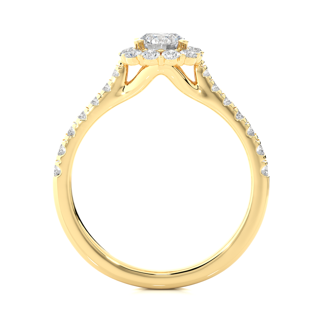 Side profile of 1.50 Carat Round Moissanite Halo Engagement Ring In Yellow Gold, highlighting the brilliant center moissanite stone., highlighting the prong setting.