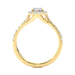 Load image into Gallery viewer, Side profile of 1.50 Carat Round Moissanite Halo Engagement Ring In Yellow Gold, highlighting the brilliant center moissanite stone., highlighting the prong setting.
