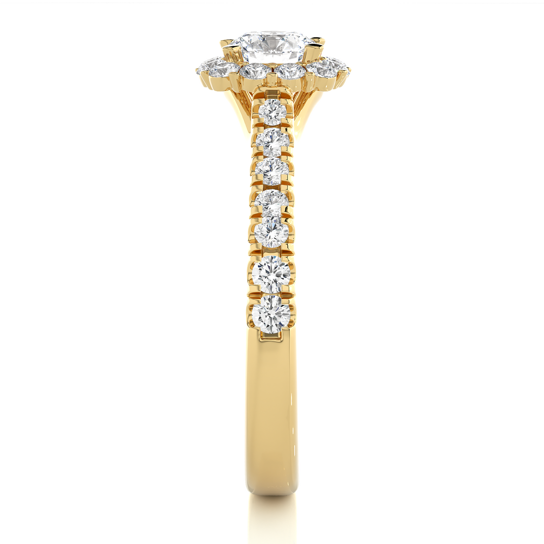 1.50 Carat Round Moissanite Halo Engagement Ring In Yellow Gold