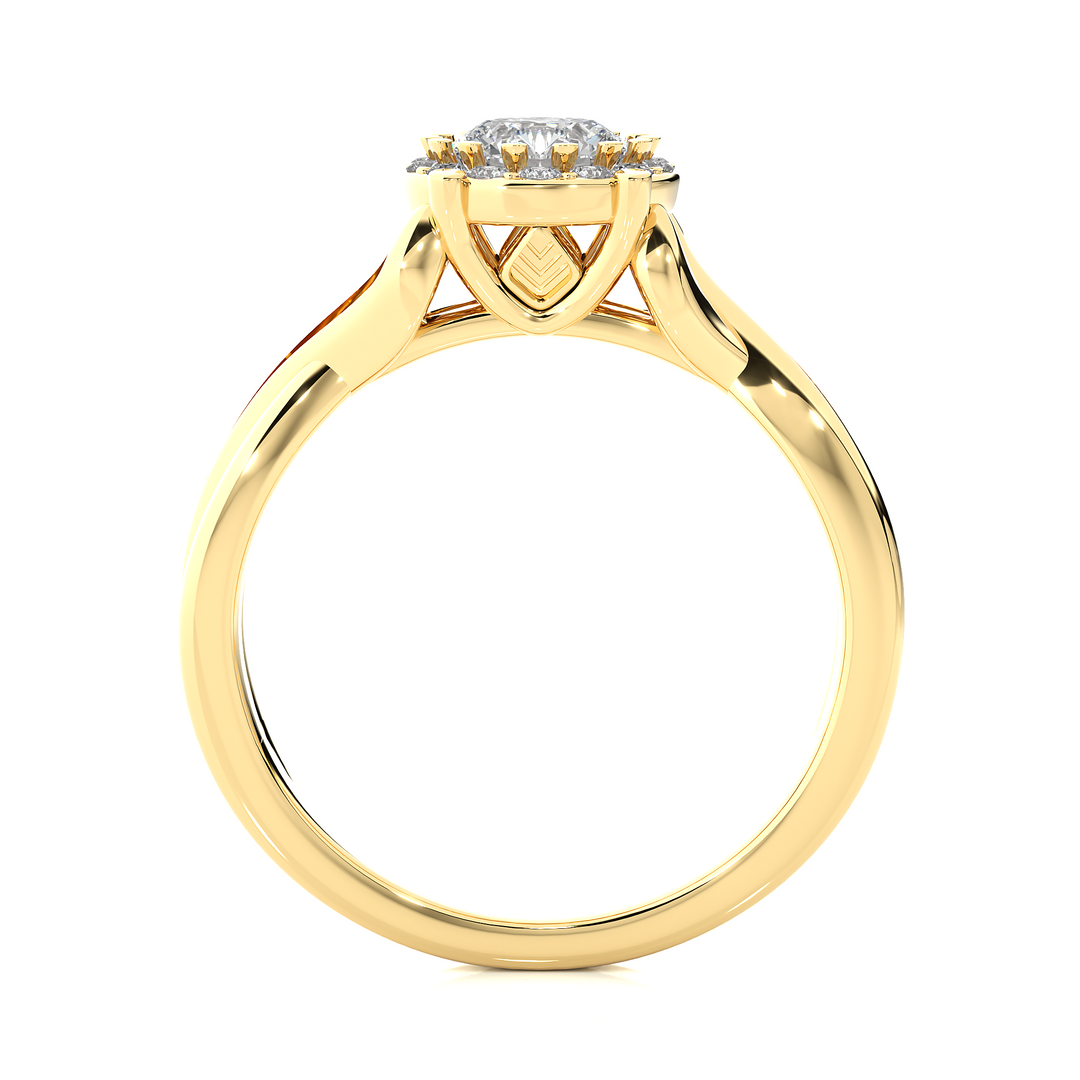 Side profile of 1.50 Carat Round Moissanite Halo Twisted Ring In Yellow Gold, highlighting the brilliant center moissanite stone., highlighting the prong setting.