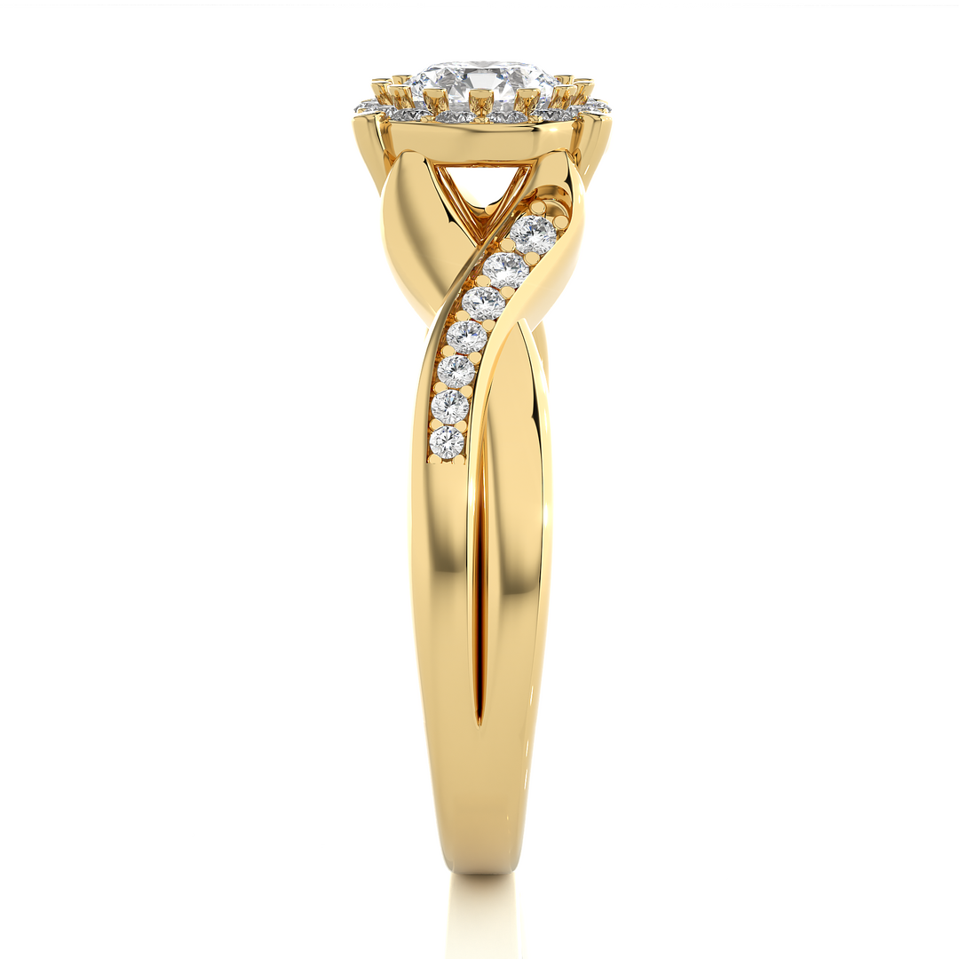 Side profile of 1.50 Carat Round Moissanite Halo Twisted Ring In Yellow Gold, highlighting the brilliant center moissanite stone., highlighting the prong setting.