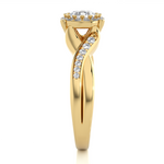 Load image into Gallery viewer, Side profile of 1.50 Carat Round Moissanite Halo Twisted Ring In Yellow Gold, highlighting the brilliant center moissanite stone., highlighting the prong setting.
