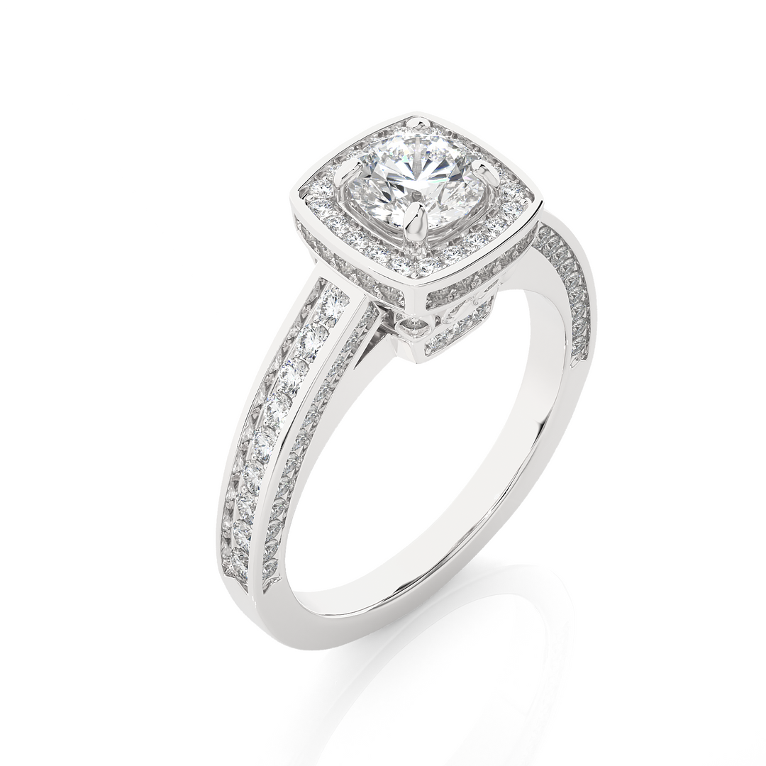 Angled view of 1.50 Carat Round Moissanite Hidden Halo Engagement Ring In White Gold, showcasing the band and setting.​