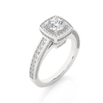Load image into Gallery viewer, Angled view of 1.50 Carat Round Moissanite Hidden Halo Engagement Ring In White Gold, showcasing the band and setting.​
