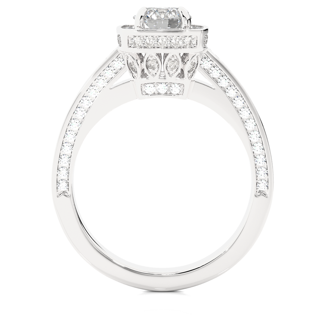 Side profile of 1.50 Carat Round Moissanite Hidden Halo Engagement Ring In White Gold, highlighting the brilliant center moissanite stone., highlighting the prong setting.