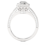 Load image into Gallery viewer, Side profile of 1.50 Carat Round Moissanite Hidden Halo Engagement Ring In White Gold, highlighting the brilliant center moissanite stone., highlighting the prong setting.
