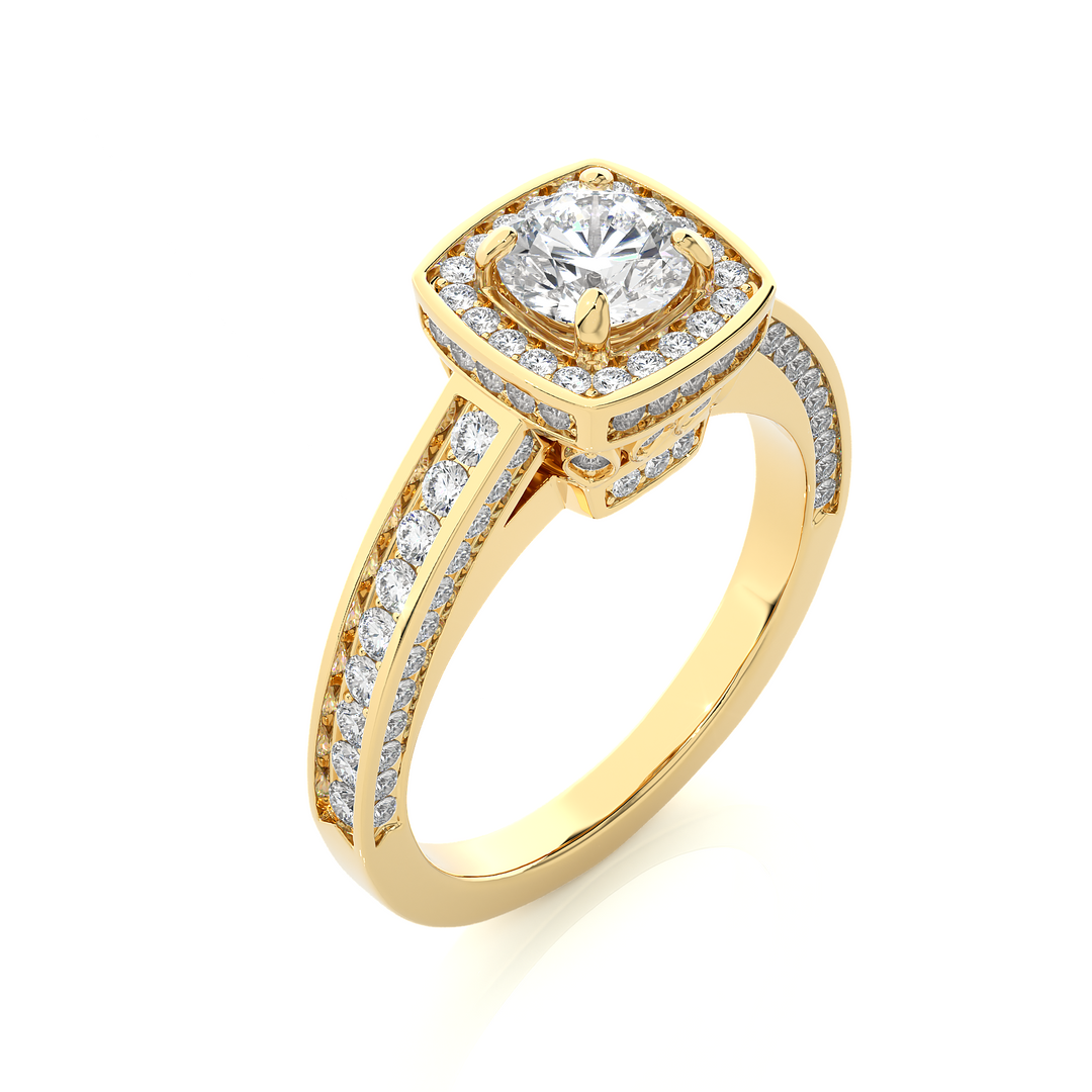 Angled view of 1.50 Carat Round Moissanite Hidden Halo Engagement Ring In Yellow Gold, showcasing the band and setting.​