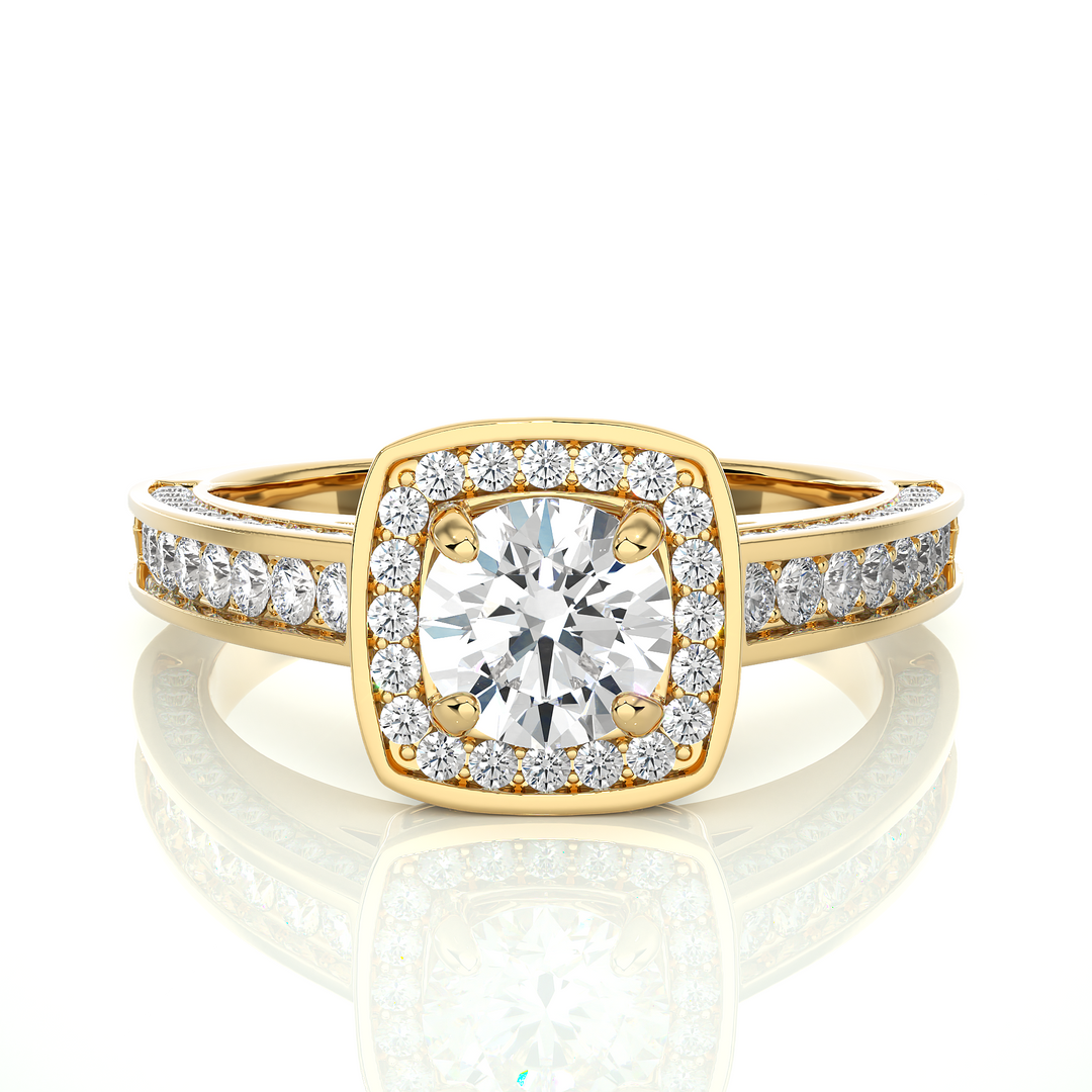 Front view of 1.50 Carat Round Moissanite Hidden Halo Engagement Ring In Yellow Gold, highlighting the brilliant center Moissanite stone.