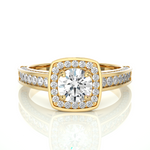 Load image into Gallery viewer, Front view of 1.50 Carat Round Moissanite Hidden Halo Engagement Ring In Yellow Gold, highlighting the brilliant center Moissanite stone.
