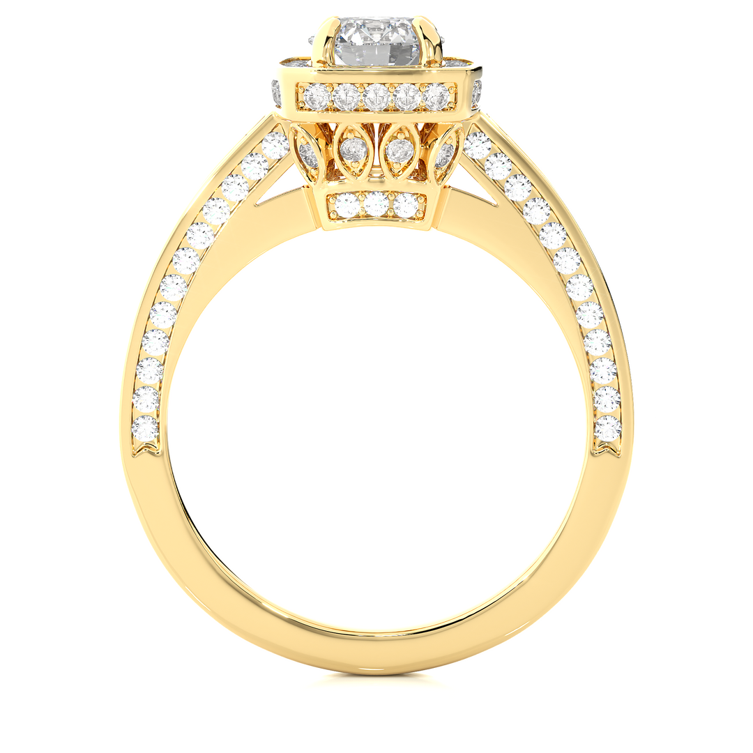 Side profile of 1.50 Carat Round Moissanite Hidden Halo Engagement Ring In Yellow Gold, highlighting the brilliant center moissanite stone., highlighting the prong setting.