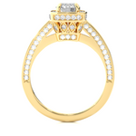 Load image into Gallery viewer, Side profile of 1.50 Carat Round Moissanite Hidden Halo Engagement Ring In Yellow Gold, highlighting the brilliant center moissanite stone., highlighting the prong setting.
