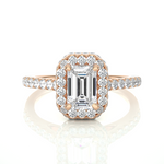 Load image into Gallery viewer, Front view of 1.50 Ct Emerald Cut Moissanite Halo Engagement Ring In Rose Gold, highlighting the brilliant center Moissanite stone.
