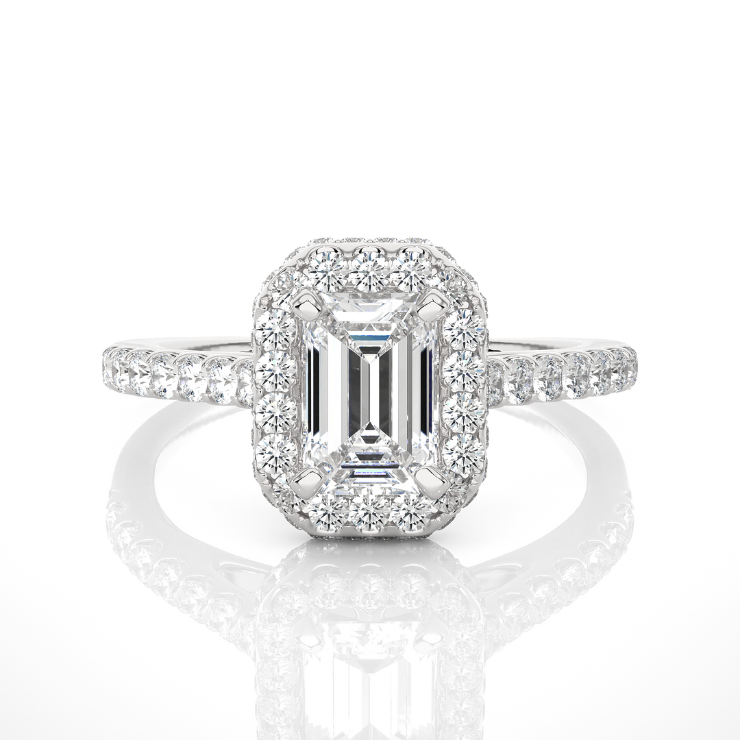 1.50 Ct Emerald Cut Moissanite Halo Engagement Ring In White Gold